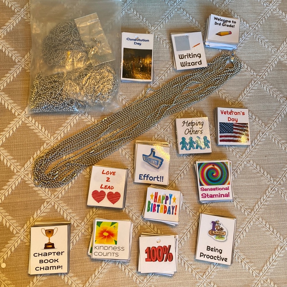Teachers - BRAG TAGS Classroom rewards - over 100 Brag tags and 50 necklaces